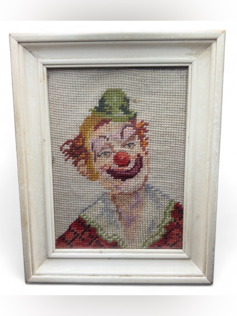 Vintage MCM Needlepoint Smiling Hobo Clown Fiber Arts Framed Artwork Home Decor